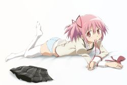 Rule 34 | 10s, 1girl, ass, blush, commentary request, hair ornament, hair ribbon, jewelry, kaname madoka, kinfuji, kneehighs, looking at viewer, lying, mahou shoujo madoka magica, mahou shoujo madoka magica (anime), mouth hold, on stomach, panties, pink eyes, pink hair, ribbon, ribbon in mouth, ring, school uniform, short twintails, skirt, smile, socks, solo, striped clothes, striped panties, twintails, underwear, unworn skirt, white socks