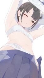 Rule 34 | 1girl, black eyes, black hair, blue skirt, bra, breasts, clothes lift, clothes pull, commentary request, highres, hiroki (yyqw7151), lifting own clothes, looking at viewer, one eye closed, original, panties, shirt lift, short hair, simple background, skirt, skirt pull, small breasts, solo, underwear, undressing, upshirt, white background, white bra, white panties