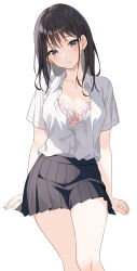 Rule 34 | 1girl, arm support, black eyes, black hair, black skirt, blush, bra, breasts, choppy bangs, cleavage, closed mouth, collarbone, collared shirt, commentary, cowboy shot, hair behind ear, head tilt, highres, invisible chair, large breasts, looking at viewer, medium hair, miniskirt, open clothes, original, partially unbuttoned, pink bra, pleated skirt, print bra, school uniform, shirt, shirt tucked in, short sleeves, simple background, sitting, skirt, thighs, underwear, white background, white shirt, yatomi