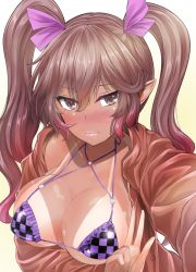 Rule 34 | 1girl, arm under breasts, bikini, bikini tan, blush, breasts, brown eyes, brown hair, brown jacket, checkered bikini, checkered clothes, cleavage, collarbone, commentary, gradient background, gradient hair, hair between eyes, hair ribbon, himekaidou hatate, jacket, large breasts, long hair, looking at viewer, multicolored hair, open clothes, open jacket, pink hair, pointy ears, purple ribbon, redrawn, ribbon, selfie, simple background, solo, string bikini, swimsuit, tan, tanline, touhou, twintails, upper body, w, y2, yellow background