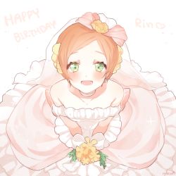 Rule 34 | 10s, 1girl, :d, bad id, bad pixiv id, character name, dress, flower, from above, green eyes, happy birthday, hoshizora rin, looking up, love live!, love live! school idol project, love wing bell, marin (myuy 3), open mouth, short hair, smile, solo, wedding dress, white dress