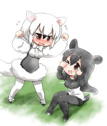 Rule 34 | &gt; o, 2girls, ;d, animal ears, arms up, black hair, blush, bow, bowtie, brown eyes, chibi, commentary request, dress, extra ears, flying sweatdrops, full body, furrowed brow, hair between eyes, hands up, kawara hajime, kemono friends, knees together feet apart, knees up, long hair, long sleeves, looking at another, malayan tapir (kemono friends), medium hair, multicolored hair, multiple girls, nose blush, one eye closed, open mouth, pantyhose, peeking through fingers, shorts, sidelocks, sitting, smile, southern tamandua (kemono friends), standing, sweater, tail, tamandua ears, tamandua tail, tapir ears, tapir tail, white hair