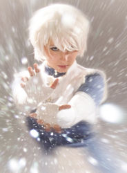 Rule 34 | 1girl, cosplay, dc comics, elbow gloves, fingerless gloves, gloves, hair over one eye, ice, ice (dc), layered clothes, photo (medium), snow, white gloves, white hair