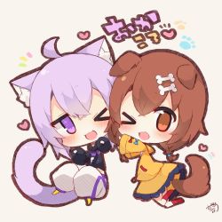 Rule 34 | &gt; o, 2girls, ;d, animal ear fluff, animal ears, black hoodie, blue bow, blush, bone hair ornament, bow, braid, brown background, brown eyes, brown hair, cartoon bone, cat ears, cat girl, cat tail, chibi, dog ears, dog girl, dog tail, hair between eyes, hair ornament, heart, highres, hololive, hood, hood down, hoodie, inugami korone, inugami korone (1st costume), jacket, kneehighs, long hair, long sleeves, multiple girls, muuran, nekomata okayu, nekomata okayu (1st costume), no shoes, notice lines, one eye closed, open mouth, pants, puffy long sleeves, puffy pants, puffy sleeves, purple eyes, purple hair, red bow, red legwear, signature, smile, socks, tail, translation request, twin braids, virtual youtuber, white pants, wide sleeves, yellow jacket, yellow legwear