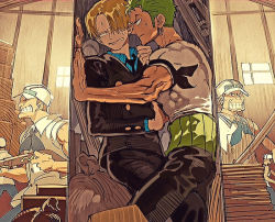 Rule 34 | 2boys, armband, bad id, bad pixiv id, black eyes, black suit, blonde hair, closet, couple, earrings, formal, green hair, hand on another&#039;s chest, japanese clothes, jewelry, legs together, long sleeves, male focus, multiple boys, muscular, one piece, pants, pectorals, roronoa zoro, runa (nori31291404), sanji (one piece), short sleeves, suit, sweatdrop, toned, toned male, trapped, veins, yaoi