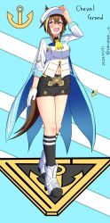 Rule 34 | 1girl, absurdres, animal ears, ascot, black shorts, black socks, blue cape, blue eyes, blush, brown hair, cape, character name, cheval grand (umamusume), dated, full body, hair between eyes, hat, highres, horse ears, horse girl, jacket, light blue background, looking at viewer, multicolored hair, navel, open mouth, peaked cap, shorts, simple background, socks, solo, standing, streaked hair, subculture is, twitter username, two-tone background, umamusume, white background, white footwear, white hair, white hat, white jacket, yellow ascot