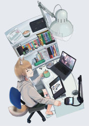 Rule 34 | 1girl, akira (manga), alternate costume, animal ear fluff, animal ears, apple inc., beleven, book, bookshelf, brown hair, cable, cassette player, casual, cd, cellphone, chair, contemporary, cup, desk, desk lamp, digital media player, drink, earphones, extra ears, figure, fisheye, fox ears, fox girl, fox tail, from side, full body, grey hair, hand rest, handheld game console, highres, holding, holding cup, hood, hood down, hoodie, ipad, iphone, kemono friends, lamp, light brown hair, long sleeves, looking at viewer, macbook, manga (object), medium hair, multicolored hair, nintendo switch, on chair, paid reward available, pencil case, periodic table, phone, puckered lips, sandals, serval (kemono friends), shoebill (kemono friends), shorts, sidelocks, sideways glance, simple background, sitting, smartphone, solo, sony, stereo, stylus, tablet pc, tail, tibetan fox (kemono friends), two-tone hair, walkman, white background, yellow eyes