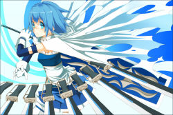 Rule 34 | 10s, 1girl, armband, bad id, bad pixiv id, blue eyes, blue hair, cape, gloves, huge weapon, magical girl, mahou shoujo madoka magica, mahou shoujo madoka magica (anime), matching hair/eyes, miki sayaka, multiple swords, short hair, solo, soudayu, soul gem, sword, thighhighs, weapon