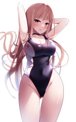 Rule 34 | 1girl, absurdres, beach, black choker, black one-piece swimsuit, breasts, brown hair, choker, cleavage, commentary request, competition swimsuit, curvy, goddess of victory: nikke, highleg, highleg swimsuit, highres, large breasts, long hair, looking at viewer, one-piece swimsuit, open mouth, rapi (classic vacation) (nikke), rapi (nikke), red eyes, shiny skin, simple background, solo, swimsuit, tetori (tetolisto), two-tone swimsuit, very long hair, white background, wide hips