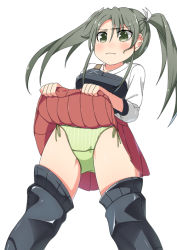 Rule 34 | 1girl, black thighhighs, blush, boots, breasts, clothes lift, collarbone, female focus, from below, green eyes, green hair, green panties, hair tie, hands up, japanese clothes, kantai collection, lifting own clothes, matching hair/eyes, medium breasts, minamimachi naname, muneate, panties, pleated skirt, red skirt, shirt, side-tie panties, simple background, skirt, skirt lift, solo, standing, thigh boots, thighhighs, twintails, underwear, white background, white shirt, zuikaku (kancolle)
