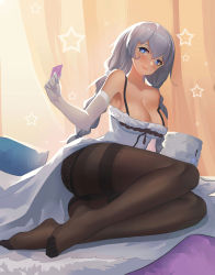 Rule 34 | 1girl, absurdres, avrora (azur lane), azur lane, bare shoulders, black pantyhose, blue eyes, blush, braid, breasts, cleavage, condom, dress, elbow gloves, full body, gloves, hair between eyes, heart, heart-shaped pupils, heart in eye, highres, large breasts, long hair, looking at viewer, on bed, pantyhose, silver hair, sitting, smile, solo, symbol-shaped pupils, symbol in eye, twin braids, very long hair, white dress, white gloves, wjn-rance