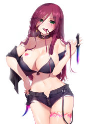 Rule 34 | 1girl, bare shoulders, breasts, choker, cleavage, collarbone, cowboy shot, earrings, eyebrows, fang, forehead, green eyes, hair between eyes, hair in own mouth, hair over shoulder, hand on own hip, heart, heart choker, highres, holding, holding hair, holding knife, jewelry, katarina (league of legends), knife, large breasts, league of legends, long hair, mixed-language commentary, navel, off shoulder, open clothes, open mouth, popoman, red hair, scar, scar across eye, scar on face, shiny skin, short shorts, shorts, simple background, solo, tattoo, thigh gap, tongue, tongue out, white background
