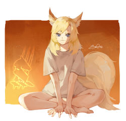 Rule 34 | 1girl, animal ears, arknights, arm support, blonde hair, blue eyes, border, dated, highres, horse ears, horse girl, horse tail, indian style, jiojio, long hair, looking at viewer, no pants, orange background, shirt, signature, sitting, solo, tail, thick eyebrows, whislash (arknights), white border, white shirt