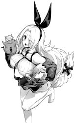 Rule 34 | 1girl, absurdly long hair, azur lane, barefoot, black sleeves, blush, breasts, crop top, eyes visible through hair, greyscale, hair over one eye, hairband, high-waist skirt, highres, hori (hori no su), iron blood (emblem), large breasts, long hair, mole, mole under eye, monochrome, necktie, one eye closed, open mouth, parted bangs, prinz heinrich (azur lane), ribbed shirt, shirt, simple background, skirt, smile, solo, underboob, very long hair, white background