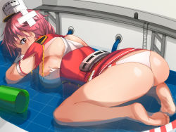 Rule 34 | 1girl, ass, ayakumo, barefoot, blush, breasts, clothes lift, damaged, feet, full body, giuseppe garibaldi (kancolle), gloves, hat, kantai collection, large breasts, looking at viewer, no shoes, pink eyes, pink hair, pleated skirt, red skirt, short hair, short sleeves, skirt, skirt lift, soles, solo, torn clothes, white gloves, white hat