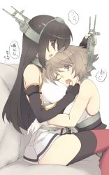 Rule 34 | 10s, 2girls, bare shoulders, breasts, brown hair, elbow gloves, finger in another&#039;s mouth, gloves, green eyes, hairband, hand on another&#039;s head, head rest, headband, headgear, unworn headgear, hug, kantai collection, large breasts, looking at another, midriff, miniskirt, multiple girls, mutsu (kancolle), nagato (kancolle), nakadori (movgnsk), one eye closed, red eyes, short hair, sitting, skirt, sleeveless, thighhighs, translation request, yuri