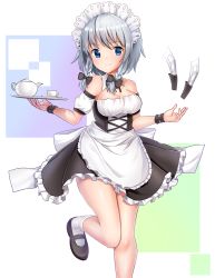 Rule 34 | 1girl, absurdres, apron, black bow, black dress, black footwear, blue eyes, blush, bow, braid, breasts, cleavage, closed mouth, cup, dagger, detached collar, detached sleeves, dress, floating, floating object, frilled apron, frilled dress, frills, hair bow, highres, holding, holding tray, izayoi sakuya, kneehighs, knife, leg up, long hair, looking at viewer, maid, maid apron, maid headdress, medium breasts, puffy short sleeves, puffy sleeves, sea scorpion (umisasori), shiny skin, short hair, short sleeves, silver hair, smile, socks, solo, standing, standing on one leg, strapless, strapless dress, teacup, teapot, thighs, touhou, tray, twin braids, waist apron, weapon, white apron, white socks, wrist cuffs
