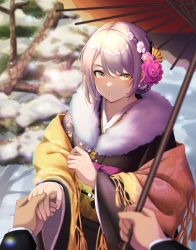 Rule 34 | 1girl, 3 small spiders, :o, absurdres, blonde hair, blush, earrings, feet out of frame, flower, fur-trimmed kimono, fur trim, girls&#039; frontline, hair between eyes, hair flower, hair ornament, hand grab, highres, holding, holding hands, holding umbrella, japanese clothes, jewelry, kimono, looking at viewer, official alternate costume, oil-paper umbrella, open mouth, short hair, solo, standing, umbrella, vector (girls&#039; frontline), vector (sprig in the snow) (girls&#039; frontline), winter, yellow eyes