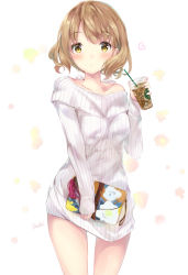 Rule 34 | 1girl, bad id, bad pixiv id, bag, blush, breasts, brown hair, collarbone, cowboy shot, cup, dress, drink, drinking straw, floral background, handbag, heart, holding, holding bag, holding cup, long sleeves, looking at viewer, medium breasts, off shoulder, original, short hair, single bare shoulder, solo, standing, starbucks, suihi, sweater, sweater dress, tareme, thighs, white background, white dress, white sweater, yellow eyes