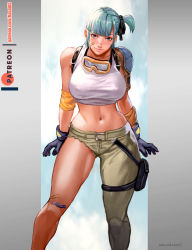 Rule 34 | 1girl, armor, asymmetrical clothes, bandaid, bandaid on cheek, bandaid on face, bandaid on knee, bandaid on leg, black gloves, black ribbon, blue eyes, breasts, bulma, covered erect nipples, crop top, curvy, dragon ball, dragon ball (classic), elbow pads, gloves, goggles, goggles around neck, green hair, hair ribbon, holster, large breasts, navel, one side up, pants, pauldrons, rejean dubois, ribbon, short hair, shoulder armor, side ponytail, single elbow pad, single pantsleg, single pauldron, sleeveless, smile, solo, thick thighs, thigh holster, thighs, watermark, web address