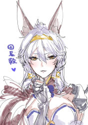 Rule 34 | 1girl, absurdres, armor, bluh, blush, braid, gauntlets, granblue fantasy, hairband, hand on own face, heles, highres, looking at viewer, pauldrons, shoulder armor, silver hair, sketch, solo, translation request, white background, yellow eyes