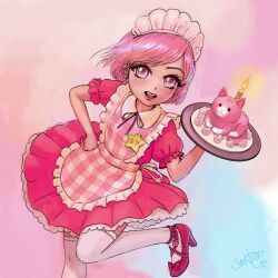 Rule 34 | 1girl, anklet, apron, blue eyes, bow, cake, candle, cat, commentary request, dress, food, footwear bow, hand on own hip, high heels, highres, holding, holding tray, jewelry, junya17live, maid, maid headdress, medium dress, multicolored eyes, name tag, open mouth, original, pink apron, pink dress, plaid, plaid apron, puffy short sleeves, puffy sleeves, purple eyes, safety pin, short hair, short sleeves, signature, smile, solo, standing, standing on one leg, star (symbol), star in eye, symbol in eye, thighhighs, tray, white thighhighs