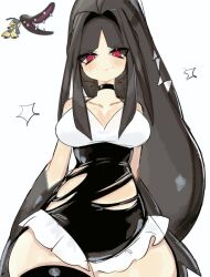 Rule 34 | 1girl, black choker, black hair, black thighhighs, blush, breasts, choker, closed mouth, collarbone, cowboy shot, creatures (company), dress, game freak, gen 3 pokemon, large breasts, looking at viewer, mawile, nintendo, personification, pokemon, pokemon (creature), ponytail, red eyes, simple background, solo, standing, thick thighs, thighhighs, thighs, torn clothes, torn dress, usa37107692, white background, wide hips