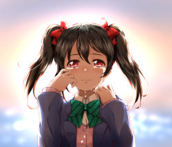 Rule 34 | 10s, 1girl, black hair, blazer, bow, bowtie, buttons, crying, crying with eyes open, green bow, green bowtie, hair between eyes, hair bow, hand on own shoulder, highres, hitotsuki no yagi, jacket, long sleeves, looking at viewer, love live!, love live! school idol project, red bow, red eyes, school uniform, short twintails, solo, striped bow, striped bowtie, striped clothes, striped neckwear, tears, twintails, upper body, wiping tears, yazawa nico