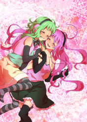 Rule 34 | 2girls, :d, bad id, bad pixiv id, black gloves, black skirt, cheek-to-cheek, clenched teeth, cropped jacket, doily, elbow gloves, female focus, frilled skirt, frills, garter straps, gloves, green hair, grin, gumi, happy, happy synthesizer (vocaloid), headphones, heads together, heart, heart hands, heart hands duo, highres, long hair, megurine luka, multiple girls, neck, open mouth, pink hair, polka dot, round teeth, skirt, smile, striped clothes, striped legwear, striped thighhighs, teeth, thighhighs, very long hair, vest, vocaloid, yamabukiiro, yuri
