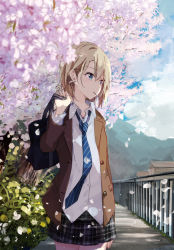 Rule 34 | 1girl, arm behind back, bag, black skirt, blazer, blonde hair, blue eyes, blue necktie, brown jacket, candy, cherry blossoms, cloud, cloudy sky, collared shirt, commentary request, cowboy shot, day, earrings, flower, food, hair between eyes, hand up, holding, holding bag, jacket, jewelry, lollipop, looking to the side, miniskirt, mountain, necktie, open clothes, open jacket, original, outdoors, path, petals, plaid, plaid skirt, pleated skirt, railing, road, school bag, school uniform, shiina kuro, shirt, short hair, skirt, sky, solo, striped necktie, striped neckwear, stud earrings, white shirt, wing collar