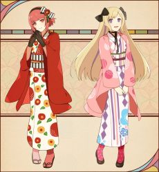 Rule 34 | 2girls, alternate hairstyle, aym (ash3ash3ash), blonde hair, elise (fire emblem), fire emblem, fire emblem fates, full body, gloves, headband, japanese clothes, kimono, long hair, looking at viewer, multiple girls, nintendo, open mouth, purple eyes, red eyes, red hair, sakura (fire emblem), short hair, simple background, smile