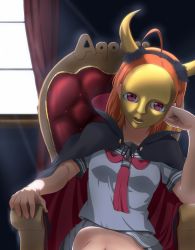 Rule 34 | 10s, 1girl, ahoge, armchair, braid, cape, chair, clenched hand, collarbone, commentary request, curtains, fake horns, grey skirt, group name, hairband, head tilt, highres, horns, inami anju, kannazuki kenji, crossed legs, looking at viewer, love live!, love live! sunshine!!, mask, orange hair, parted lips, pink eyes, pleated skirt, school uniform, voice actor connection, serafuku, shirt, short sleeves, side braid, sitting, skirt, solo, sunlight, takami chika, white shirt, window