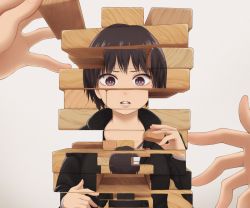 Rule 34 | 1girl, black hair, black hoodie, commentary request, facing away, grey background, holding, hood, hoodie, jenga, long sleeves, looking at viewer, original, out of frame, parted lips, pov, pov hands, purple eyes, short hair, surreal, upper body, yajirushi (chanoma)
