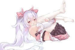Rule 34 | 1girl, :o, animal ears, animal print, azur lane, bare shoulders, black bow, bow, commentary, crop top, detached sleeves, fake animal ears, full body, hair between eyes, hair bow, highres, laffey (azur lane), laffey (bunny idol @unmotivated) (azur lane), legs up, long hair, looking at viewer, mukaino kei, official alternate costume, pantyhose, pink bow, pink skirt, plaid, plaid bow, plaid skirt, rabbit ears, rabbit print, red eyes, signature, skirt, solo, twintails, white hair, white pantyhose