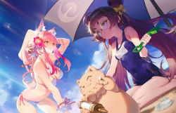 Rule 34 | 2girls, animal ear fluff, animal ears, bikini, blunt bangs, blush, breasts, cleavage, day, flower, glasses, hair flower, hair ornament, hair ribbon, highres, illusion connect, long hair, miyuki (illusion connect), multiple girls, navel, official art, olys, one-piece swimsuit, orange eyes, outdoors, phoebe (illusion connect), pink hair, ponytail, purple eyes, purple hair, ribbon, round eyewear, school swimsuit, short eyebrows, side-tie bikini bottom, sidelocks, sitting, small breasts, smile, stomach, swimsuit, thighs, twintails, white bikini