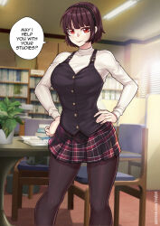 Rule 34 | 1girl, book, bookshelf, brown hair, chair, english text, hand on own hip, niijima makoto, pantyhose, persona, persona 5, plant, red eyes, redjet, short hair, skirt, solo, standing, table, tagme