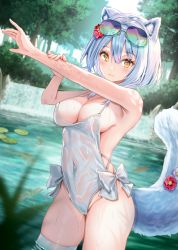 Rule 34 | 1girl, animal ears, armpits, blush, breasts, cleavage, eyewear on head, flower, forest, fox ears, fox girl, fox tail, hair flower, hair ornament, highres, large breasts, lavie (pride of eden), looking at viewer, nanashi (74 nanashi), nature, one-piece swimsuit, outstretched arm, pond, red: pride of eden, short hair, solo, sunglasses, swimsuit, tail, thighhighs, wading, wet, white hair, white one-piece swimsuit, white thighhighs, yellow eyes