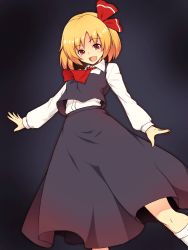 Rule 34 | 1girl, :d, ascot, blonde hair, fang, hair ribbon, highres, kakone, open mouth, outstretched arms, red eyes, ribbon, rumia, shirt, short hair, skirt, smile, spread arms, touhou, vest
