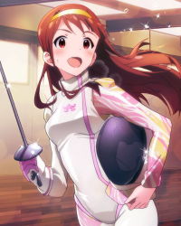 Rule 34 | 10s, 1girl, :d, artist request, blush, brown eyes, brown hair, epee, fencing, fencing suit, hairband, heart, helmet, idolmaster, idolmaster million live!, long hair, looking at viewer, official art, open mouth, smile, solo, sweat, tanaka kotoha