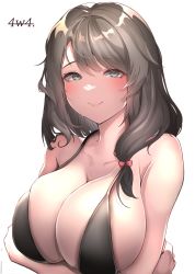 Rule 34 | 1girl, 4w4, absurdres, artist name, azur lane, black bra, bow, bra, breasts, brown hair, charybdis (azur lane), grey eyes, hair bow, highres, huge breasts, long hair, mature female, red bow, simple background, smile, solo, underwear, upper body, white background