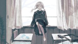 Rule 34 | 1girl, absurdres, barefoot, black skirt, c cand1e, classroom, curtains, desk, full body, highres, indoors, long hair, long sleeves, looking at viewer, pencil case, school desk, sitting, skirt, twintails, vocaloid, window