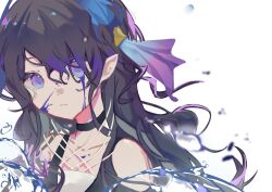 Rule 34 | 1girl, 906 (kgrj7583), arknights, bare shoulders, black choker, black hair, blood, blood on face, blue blood, blue eyes, choker, closed mouth, collarbone, coral, highmore (arknights), long hair, looking at viewer, pointy ears, simple background, solo, upper body, very long hair, water drop, white background