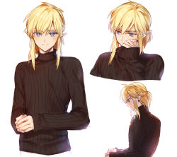 Rule 34 | 1boy, alternate hairstyle, black sweater, blonde hair, blue eyes, blush, cropped torso, earrings, half updo, jewelry, link, long sleeves, looking at viewer, looking away, male focus, multiple views, nintendo, ninto, own hands together, pointy ears, profile, ribbed sweater, sidelocks, simple background, sleeves past wrists, smile, sweater, the legend of zelda, the legend of zelda: breath of the wild, turtleneck, turtleneck sweater, white background