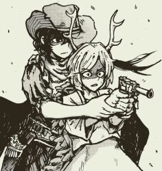 Rule 34 | 2girls, closed mouth, commentary, cowboy hat, dragon girl, dragon horns, english commentary, gun, hat, hayoibu, holding, holding gun, holding weapon, horns, kicchou yachie, kurokoma saki, long sleeves, multiple girls, parted lips, shaded face, short hair, short sleeves, simple background, sweat, touhou, weapon, wings