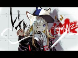 Rule 34 | 1girl, absurdres, animal ears, animal hat, baseball cap, black choker, black jacket, blonde hair, blue eyes, choker, commentary request, copyright name, graffiti, hand up, hat, highres, hood, hood down, hoodie, jacket, kmnz, letterboxed, long hair, long sleeves, looking at viewer, mc lita, nail polish, o-ring, o-ring choker, one eye closed, open clothes, open jacket, open mouth, red nails, seimannu, smile, solo, tile wall, tiles, upper body, virtual youtuber, white hoodie