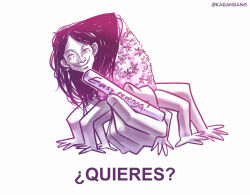 Rule 34 | 1other, bang dacy, black hair, chainsaw man, cigarette, english text, extra arms, facing viewer, ghost devil (chainsaw man), holding, holding cigarette, long hair, meme, monochrome, purple theme, quieres? (meme), simple background, solo, spanish text, stitched eye, stitched face, stitched mouth, stitches, translated, twitter username, typo, white background