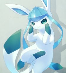 Rule 34 | alopias, blush, closed mouth, commentary request, creatures (company), game freak, gen 4 pokemon, glaceon, green eyes, looking at viewer, lying, nintendo, no humans, on back, pokemon, pokemon (creature), smile, solo, toes