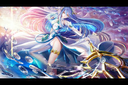 1girl asymmetrical_clothes azura_(fire_emblem) blue_hair covered_navel female_focus fire_emblem fire_emblem_fates highres letterboxed long_hair looking_at_viewer nintendo polearm solo spear sunset thigh_strap tongari very_long_hair water water_drop weapon yellow_eyes