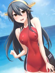 Rule 34 | 1girl, bare arms, bare shoulders, black hair, blue sky, blush, bodypaint, breasts, brown eyes, collarbone, commentary request, commission, completely nude, cowboy shot, day, dutch angle, hair between eyes, hair ornament, hairclip, haruna (kancolle), headgear, highres, horizon, kantai collection, long hair, medium breasts, naked paint, navel, nervous smile, nipples, nude, ocean, outdoors, painted clothes, pataneet, pixiv commission, sky, smile, solo, stomach, sun, sweat, very long hair, water