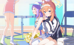 Rule 34 | 3girls, animal ear fluff, animal ears, ankle boots, black ribbon, blue archive, blue eyes, boots, chair, cheerleader, closed eyes, crop top, cross hair ornament, dress, fang, flower, gym shorts, gym uniform, hair flower, hair ornament, hair ribbon, hairband, halo, hanae (blue archive), hands up, hat, headband, heart, highres, hurdle, jacket, kaerunrun, long hair, long sleeves, looking at viewer, mari (blue archive), mari (track) (blue archive), miniskirt, multicolored clothes, multicolored jacket, multiple girls, navel, neck ribbon, nurse, official alternate costume, orange hair, pink dress, pleated skirt, pom pom (cheerleading), ponytail, purple hair, ribbon, sailor collar, seiza, serina (blue archive), serina (nurse) (blue archive), shorts, sitting, skin fang, skirt, sleeves past wrists, smile, standing, sticker on face, thighhighs, track jacket, two-tone jacket, two-tone skirt, white bag, white flower, white footwear, white hairband, white headband, white skirt, white thighhighs, wrist cuffs